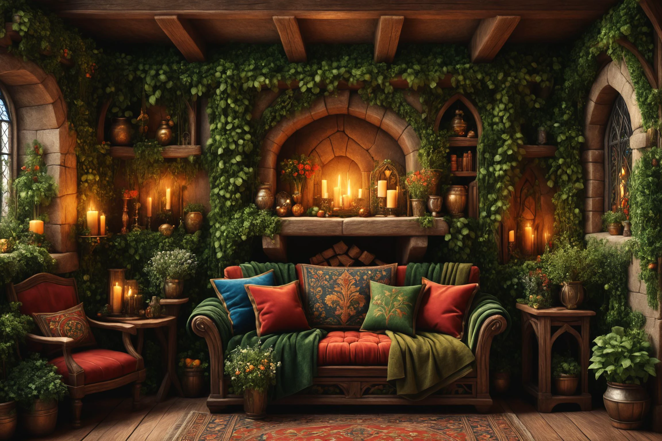 photorealistic, detailed digital illustration of a Cozy medieval living room with tapestry, <lora:EnvyCozyXL01:0.7>, <lora:xl_more_art-full_v1:0.4>, <lora:EnvyGardencoreXL01:0.7>