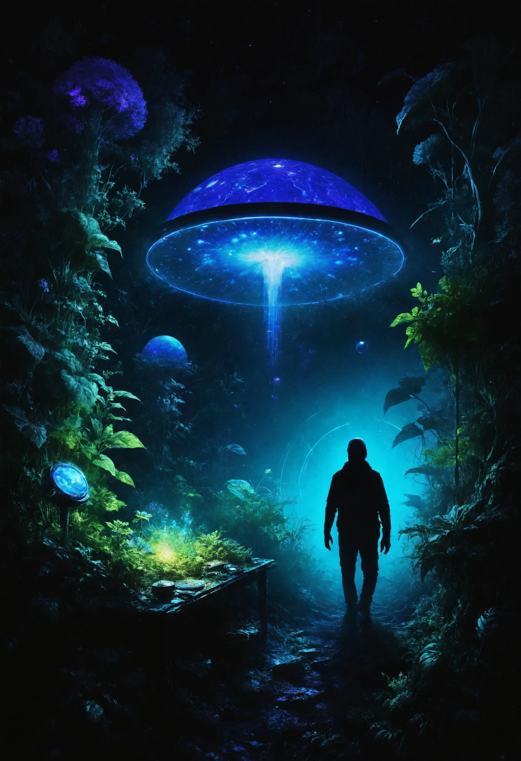 The discovery of extraterrestrial life redefines humanity's place in the universe, sparking philosophical debates and scientific inquiry, Teleportation specialist conducting covert missions in the foreground, <lora:blacklight_makeup_v2:0.7> blacklight makeup, <lora:add-detail-xl:0.4>, <lora:Desolation:0.8>, <lora:EnvyGardencoreXL01:0.8>