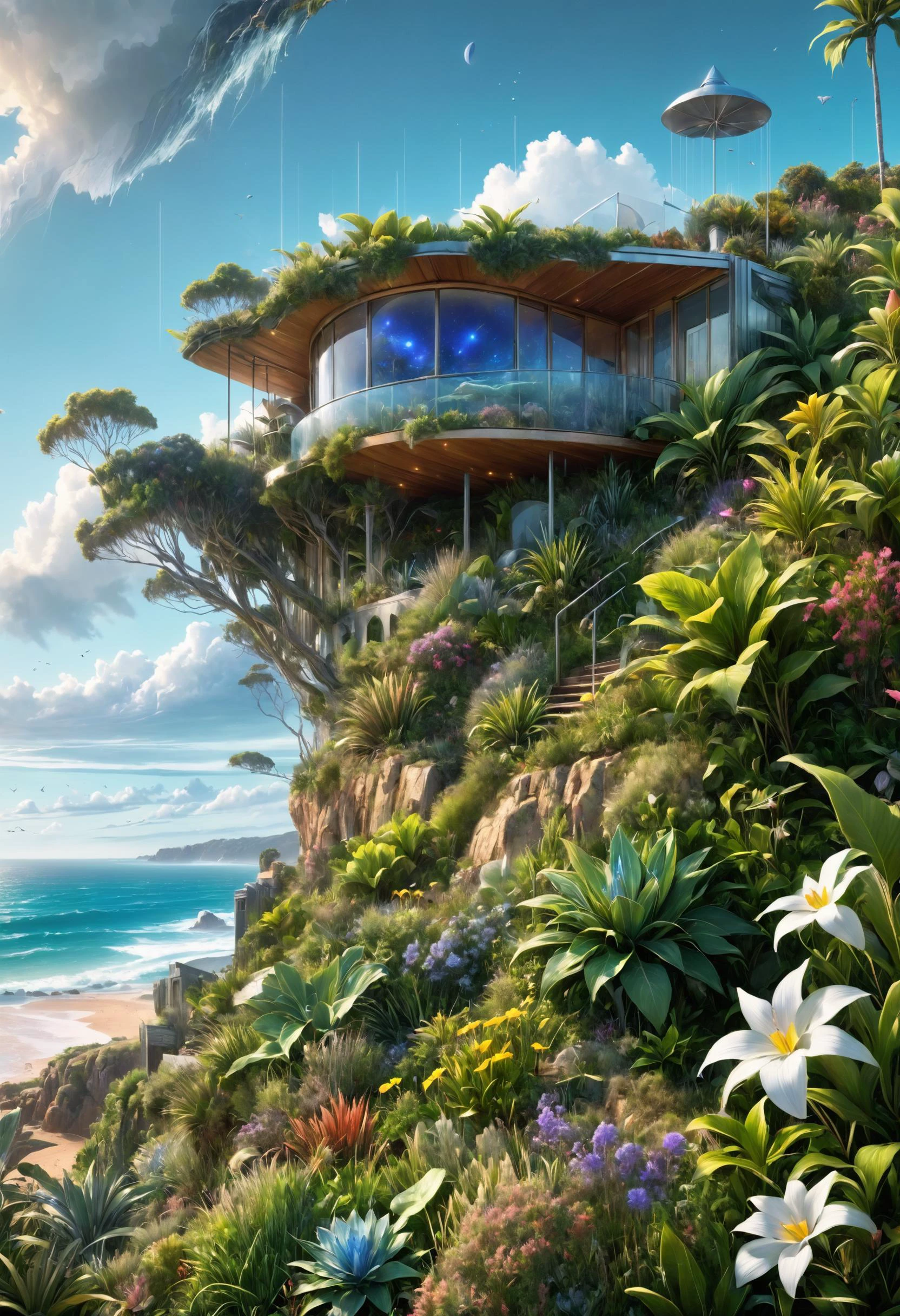 A cliffside Australian beach house, where the sound of crashing waves lulls residents into a perpetual state of seaside serenity, Spacefaring musician with sonic manipulation in the foreground, <lora:Neon_Style_XL:0.7>, <lora:Angst-v1-2_SDXL:0.7> Angst, <lora:EnvyGardencoreXL01:0.7>, <lora:MJ52:0.4>