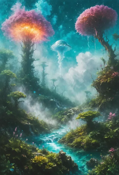 A shimmering field of underwater geysers, each releasing bursts of sparkling water and steam, creating a surreal and fantastical hot spring landscape, Galactic trader specializing in ancient relics in the foreground, <lora:saturated_colors:0.8> saturated colors, <lora:SDXLFaeTastic2400:0.4>,  <lora:Desolation:0.8>,  <lora:EnvyGardencoreXL01:0.8>