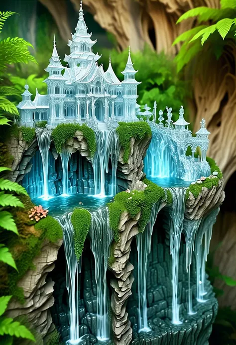 Masterpiece, behind is a forest of standing girlish transparent stone castles, with veins and capillaries bending at right angles.cave. waterfall .like chess pieces.xenomof
, ultra high detail,