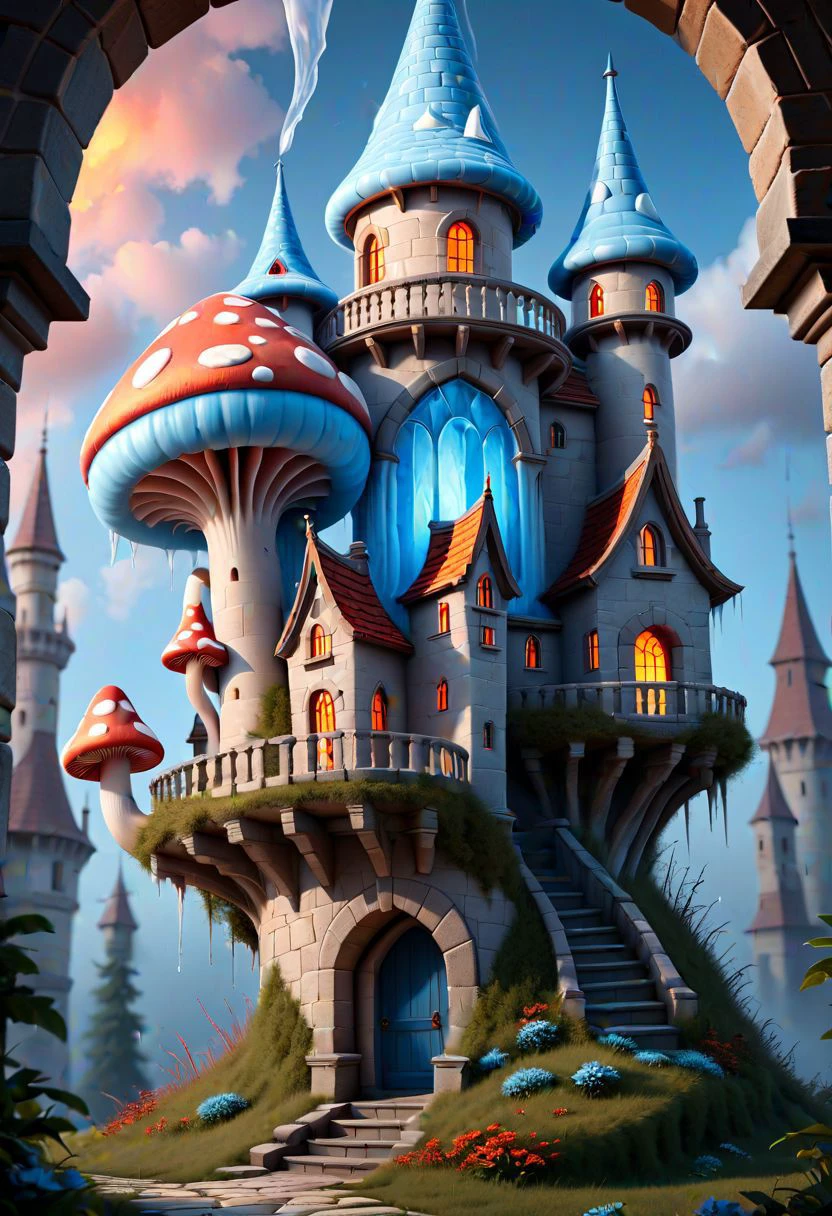core_9, score_8_up, score_7_up, fabulous, fantastic, whimsical details, castle tower with tiled roofs.MASONRY. exceptional detail, fine textures, deep shadows, clear lines, rainbow sunset.BEIGE CUMULUS CLOUDS WITH SPIRAL SWIRLS. the volume and depth of the fog. , expressive CLEAR IMAGE, highly detailed, award-winning, (complex details, masterpiece, best quality: 1.4) languor of orgasm on the face of a fire-breathing castle with fiery veins. blue ice icicle lampshade s made as mushrooms in wonderland, creepy, horror, scary, soft lighting, sharp focus, paint drops, rough edges, trending on artstation, studio photo, intricate details, highly detailed, <lora:Bio-Luminescence:0.6>, <lora:add-detail-xl:0.7>, <lora:xl_more_art-full_v1:1>,