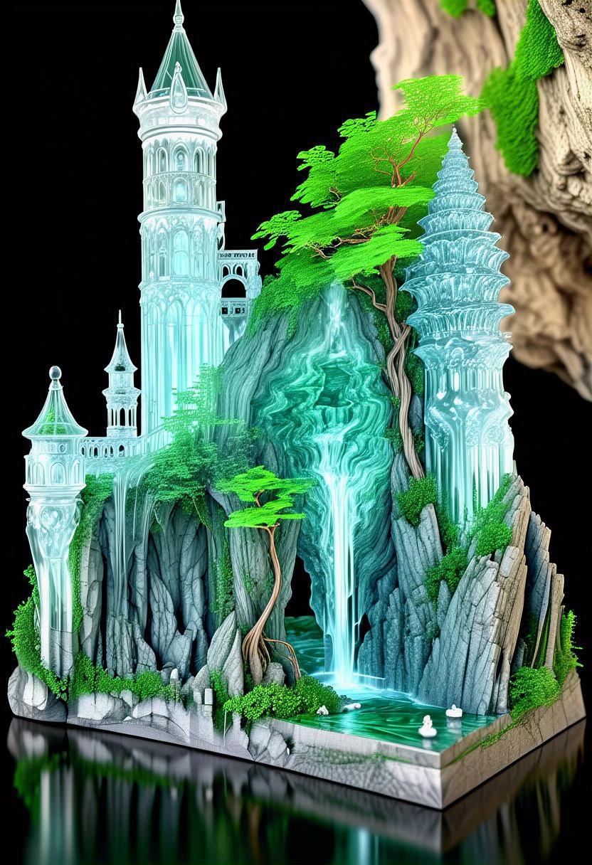 Masterpiece, behind is a forest of standing girlish transparent stone castles, with veins and capillaries bending at right angles.cave. waterfall .like chess pieces.xenomof
, ultra high detail,
