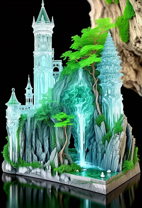 Masterpiece, behind is a forest of standing girlish transparent stone castles, with veins and capillaries bending at right angles.cave. waterfall .like chess pieces.xenomof
, ultra high detail,