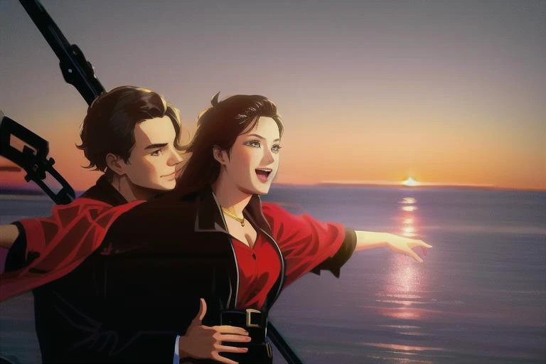 masterpiece, best quality,  anime style, a boy and a girl are standing on a passenger liner in sea, cruise ship front, romanticism, movie still, sunset, modern