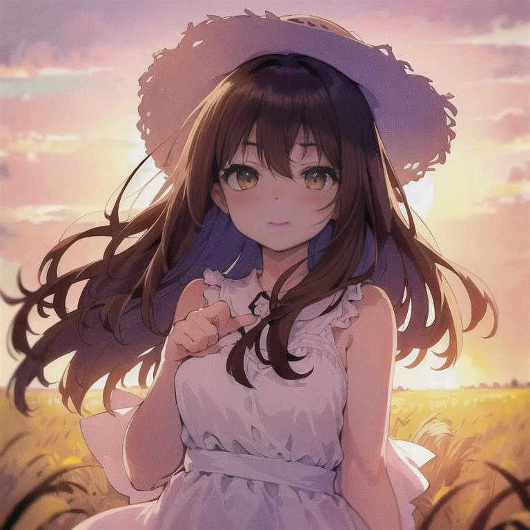 Original Characters, Natural Volumetric Lighting And Best Shadows, Deep Depth Of Field, Sharp Focus, Portrait Of Stunningly Beautiful Petite Girl, Soft Delicate Beautiful Attractive Face With Alluring Brown Eyes, Lovely Medium Small , Sharp Eyeliner, Smiling, Closed Mouth, Windswept Disheveled Brown Hair, Thick Layered Medium Hairstyles, Blush Eyeshadow With Thick Eyelashes, Parted Lips, Oversized Straw Sun Hat, Single Ribbon Bow, White Rustic One-piece Dress Long, (Flutter In The Wind:1.1), (Finger Pointing Sun Horizon:1.15), (Ripe Yellow Rye Field Under Beautiful Summer Sunset Sky With Clouds:1.2), (Highest Quality, Amazing Details:1.4), Masterpiece, Bloom, Picturesque, Vivid Watercolor Paintings