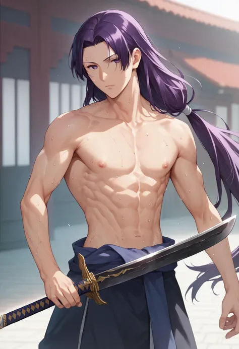 (Photorealistic:1.4),Best quality,4K, Masterpiece,Male,musculature,pointy ears,White-colored skin,Long flowing dark purple hair,red color eyes,A charming smile,Bard,DnD,male people，Strong，musculature，Domineering，Exposing chest and abdominal muscles，Black Hanfu robe