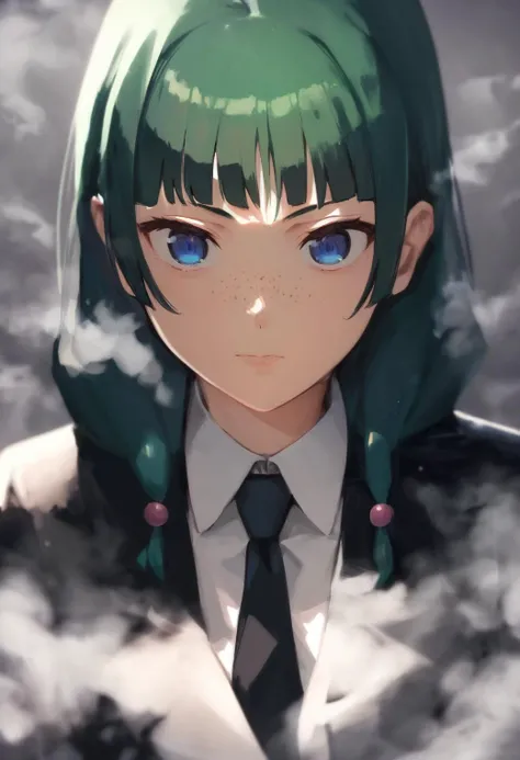 maomao, 1girl, solo, freckles, green hair, long hair, blue eyes, sidelocks, hair beads, low twintails, (black suit:1.2), steam, fog, collared shirt, black shirt, necktie, BREAK
<lora:maomao_and_jinshi_ponyxl_v4:1>, score_9, score_8_up, score_7_up, score_6_up, anime