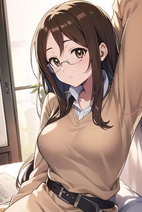 NSFW、1 Female、Brown hair、Brown Eyes、Best Quality、Super detailed、8 Resolution、Raw photo、Mastepiece、Perfect Body、high resolution、Highest quality、Detailed drawing、Vibrant colors、lure、Long Hair、Black-rimmed glasses、Captivating breasts、White coat、smile、Sit on the bed、Health Room