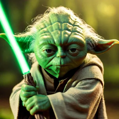 4k, (holding lightsaber:1.1), a low Master Yoda, sideways glance to the side, indoors