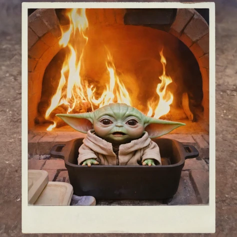 polyroid photo of Grogu baby yoda on a baking dish inside of a wood fire brick oven, mouth open, <lora:Grogu:0.7>, <lora:polyroid-sdxl_v1:0.8>,