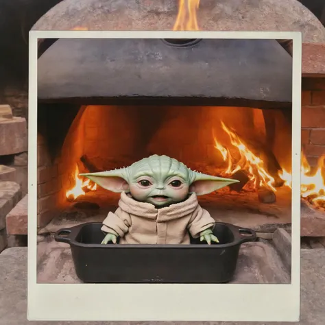polyroid photo of Grogu baby yoda on a baking dish inside of a wood fire brick oven, mouth open, <lora:Grogu:0.7>, <lora:polyroid-sdxl_v1:0.8>,