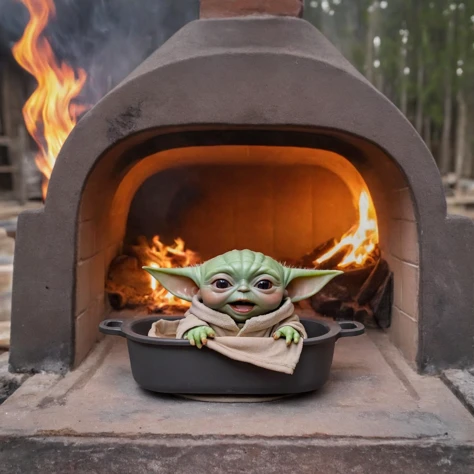 polyroid photo of Grogu baby yoda on a baking dish inside of a wood fire brick oven, mouth open, <lora:Grogu:0.7>,