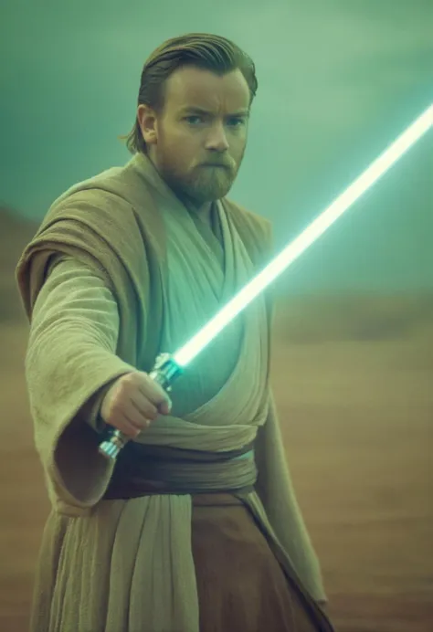 cinematic movie still of <lora:Obi-Wan Kenobi:1.2> Obi-Wan Kenobi with a light saber in star wars universe <lora:star wars style:0.7>, (in fighting stance) shallow depth of field, vignette, highly detailed, high budget, bokeh, cinemascope, moody, epic, gorgeous, film grain, grainy