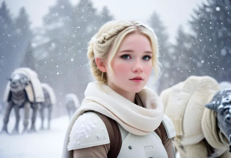 star wars, hoth, tauntaun, photograph of a cute girl, blonde hair, pale skin, freckles, blush, innocent, snowfall, bokeh, sharp focus on subject, bare shoulders <lora:Leia Organa:0.4>,  <lora:Hoth:0.7> <lora:JediStyleXL:0.7>