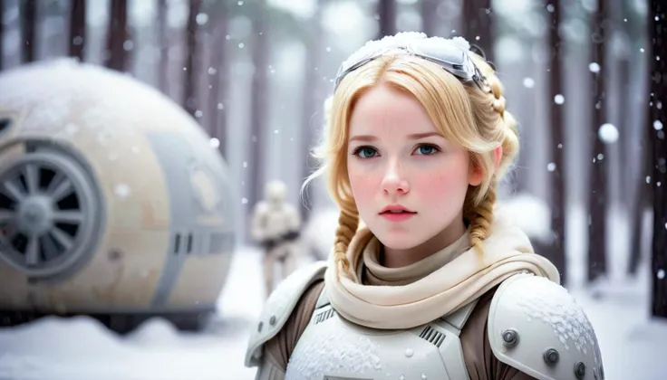 star wars, hoth, photograph of a cute girl, blonde hair, pale skin, freckles, blush, innocent, plastic armor, snowfall, bokeh, sharp focus on subject,  <lora:Leia Organa:0.5>,  <lora:Hoth:0.9> <lora:JediStyleXL:0.9>