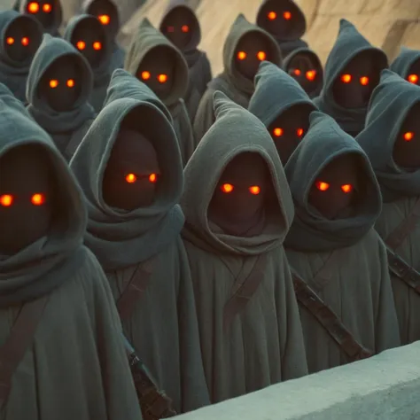 cinematic film still of  <lora:star wars style:0.3>
<lora:detailed:0.4> detailed
<lora:perfection style:0.4> perfect
<lora:PerfectEyesXL:0.3>
 <lora:Jawa:1>
Jawa  a group of hooded people with red eyes,in star wars universe,red eyes,weapon,multiple boys,hood,blurry,orange eyes,gun,mask,glowing,glowing eyes,hood up,multiple others,3others, shallow depth of field, vignette, highly detailed, high budget, bokeh, cinemascope, moody, epic, gorgeous, film grain, grainy