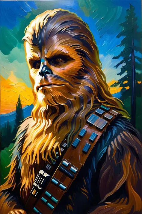 oil painting, post-impressionist, small brush strokes, three-quarter view, close-up portrait, upper body, silhouette, (Chewbacca from Star Wars), ammo belt, body covered by long brown hair, long brown beard, imposing, sunset, dust in the air, confident, brave, handsome, vibrant, rich, forest, green trees, blue sky, highly detailed, brilliant, bright lighting, rim lighting, cinematic, masterpiece, dark, chiaroscuro, low-key <lora:Chewbacca:1.4><lora:zavy-cntrst-sdxl:0.2><lora:tbh123-sdxl:0.6>