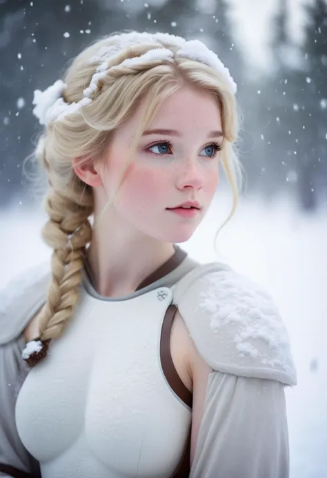 star wars, hoth, tauntaun, photograph of a cute girl, blonde hair, pale skin, freckles, blush, innocent, snowfall, bokeh, sharp focus on subject, bare shoulders <lora:Leia Organa:0.3>