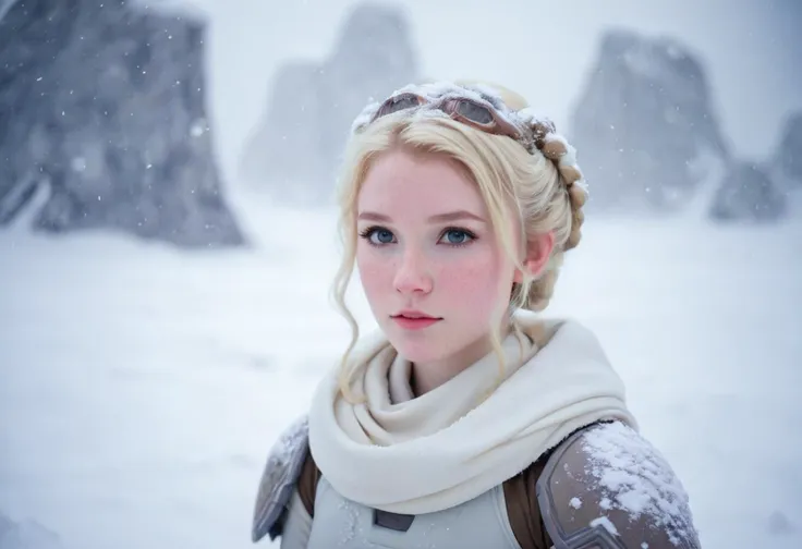 star wars, hoth, tauntaun, photograph of a cute girl, blonde hair, pale skin, freckles, blush, innocent, snowfall, bokeh, sharp focus on subject, bare shoulders <lora:Leia Organa:0.3>,  <lora:Hoth:0.5> <lora:JediStyleXL:0.25>