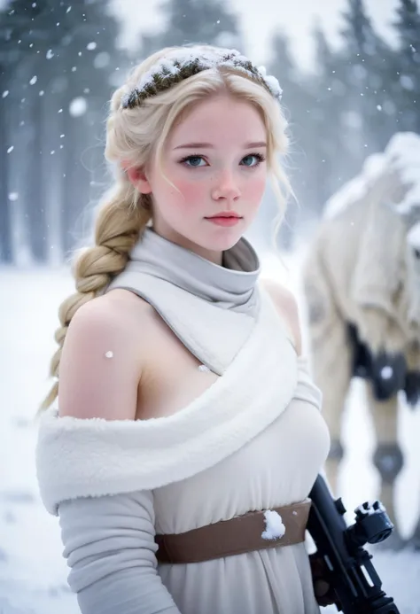 star wars, hoth, tauntaun, photograph of a cute girl, blonde hair, pale skin, freckles, blush, innocent, snowfall, bokeh, sharp focus on subject, bare shoulders <lora:Leia Organa:0.3>