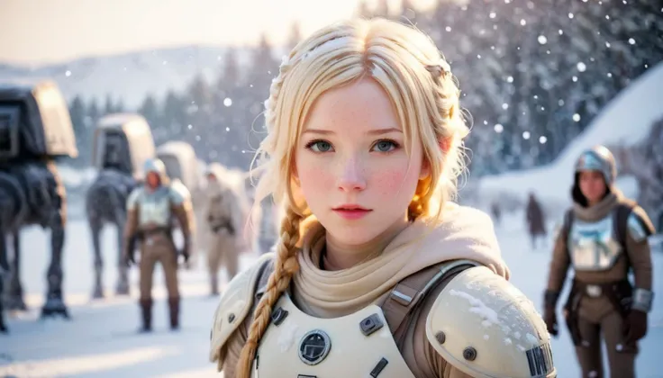 star wars, hoth, photograph of a cute girl, blonde hair, pale skin, freckles, blush, innocent, plastic armor, snowfall, bokeh, sharp focus on subject,  <lora:Leia Organa:0.5>,  <lora:Hoth:0.9> <lora:JediStyleXL:0.9>