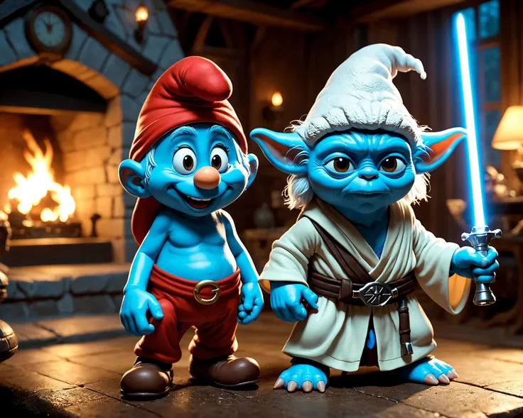 cinematic film still Hyperrealistic art 2 characters
standing in a smurf house, Great Lighting, <lora:great_lighting:0.8> <lora:detailed_notrigger:0.6> <lora:Yoda:1> Extremely high-resolution details, photographic, realism pushed to extreme, fine texture, incredibly lifelike . shallow depth of field, vignette, highly detailed, high budget, bokeh, cinemascope, moody, epic, gorgeous, film grain, grainy