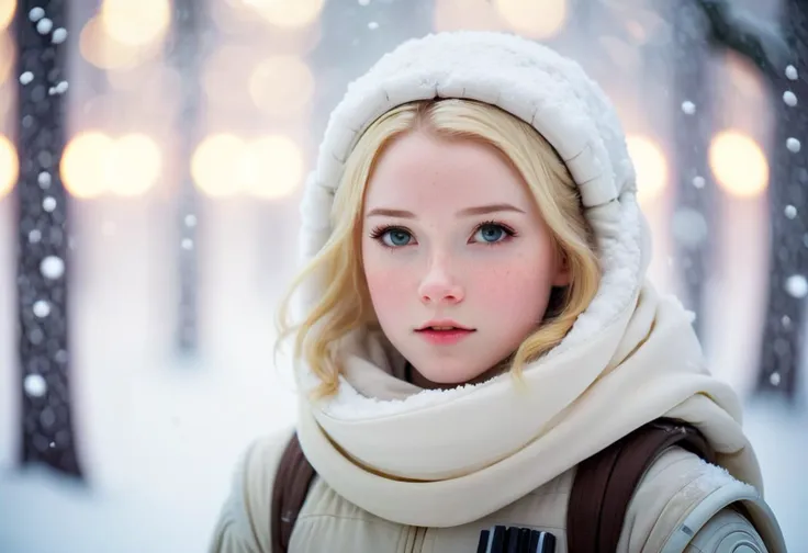 star wars, hoth, photograph of a cute girl, blonde hair, pale skin, freckles, blush, innocent, snowfall, bokeh, sharp focus on subject,  <lora:Leia Organa:0.4>,  <lora:Hoth:0.7> <lora:JediStyleXL:0.7>