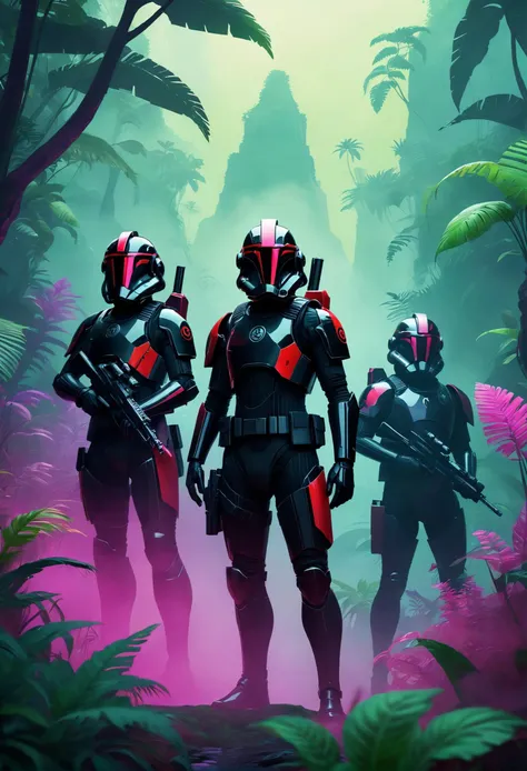 Fortnite Art Style, (Inferno Squad), Acidwave aesthetics, a portrait of a Inferno Squad standing in a verdant and thick jungle, thick fog, foggy, pastel colors, stunning abstract gradient shapes background. dark and moody, a mesmerizing blend of light and shadow. masterpiece, absurdres, intricate details <lora:Inferno Squad:0.35>, 3D cartoon, colorful, Fortnite Art Style