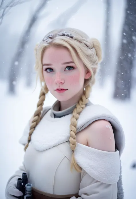 star wars, hoth, tauntaun, photograph of a cute girl, blonde hair, pale skin, freckles, blush, innocent, snowfall, bokeh, sharp focus on subject, bare shoulders <lora:Leia Organa:0.3>,  <lora:Hoth:0.5>