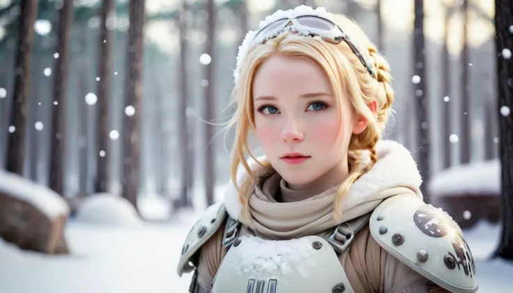 star wars, hoth, photograph of a cute girl, blonde hair, pale skin, freckles, blush, innocent, plastic armor, snowfall, bokeh, sharp focus on subject,  <lora:Leia Organa:0.5>,  <lora:Hoth:0.9> <lora:JediStyleXL:0.9>