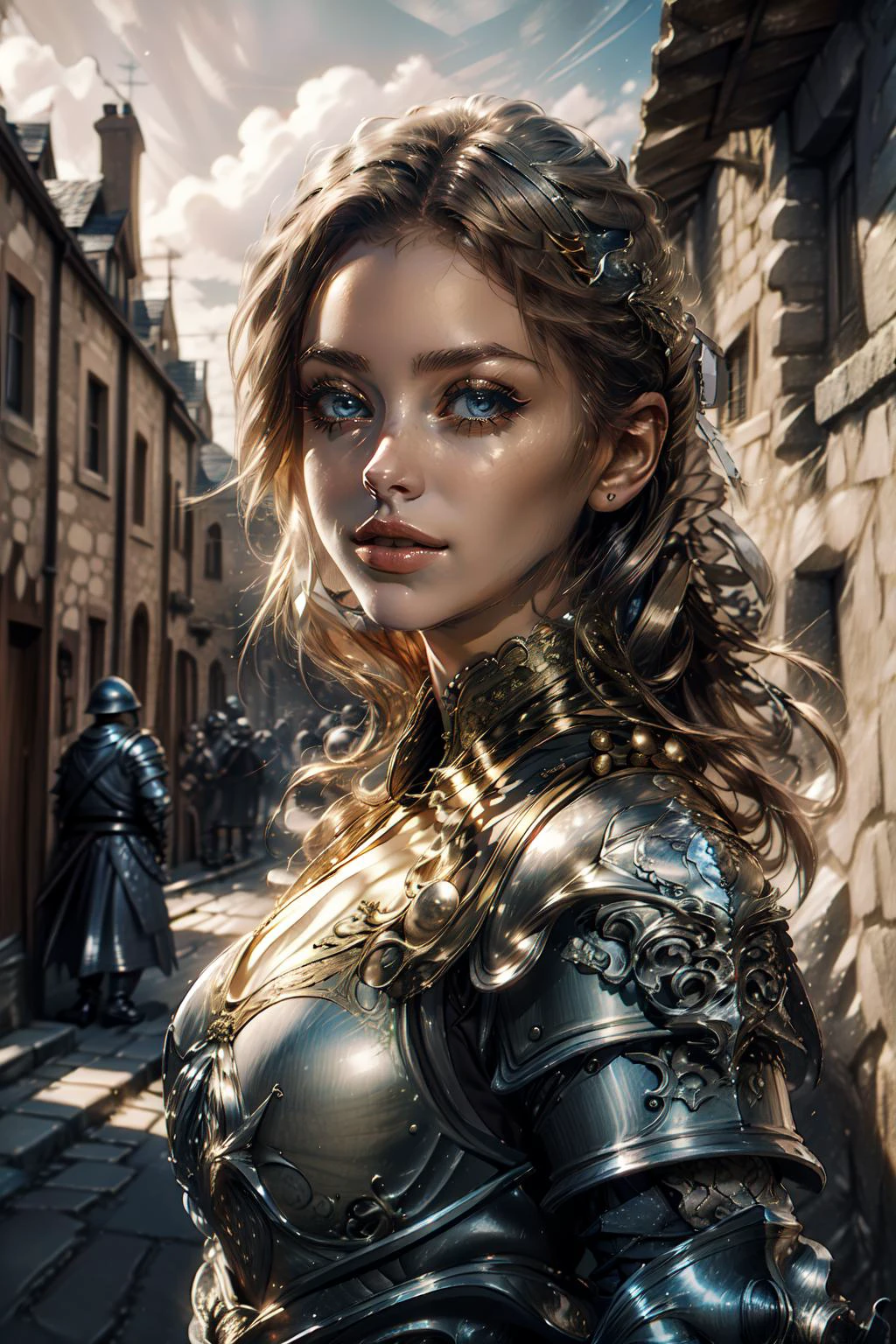 (masterpiece, best quality), intricate details,
1girl, <lora:RPGGuard:0.8> guard, town guard, armor, pauldrons, chainmail, village, castle wall,
<lora:copax_charm_portrait:0.8>