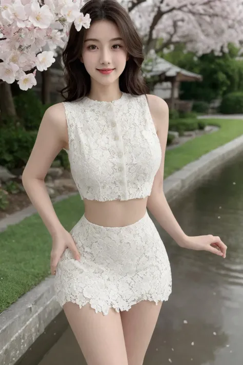 <lora:RoselinaLaceDress_fp16:0.7>, best quality, masterpiece, illustration, realistic, photo-realistic, amazing, finely detail, incredibly absurdres, huge filesize, ultra-detailed, highres, extremely detailed CG unity 8k wallpaper, nsfw, large breasts, (breast cutout:1.2), nipples, A cute young woman posing up close outdoors. She has long, slightly wavy brown hair and big innocent eyes. She is wearing a very short, white lace sleeveless crop top that has a large cutout, with her ample breasts bouncing out. Her skirt is also very short white lace, with lots of frills and barely covers her thighs. The lace is quite see-through so her skin and body shape are visible underneath. She is standing with one hand on her hip and smiling sweetly. The background is a beautiful park with pink cherry blossoms and a stream where petals are floating on the water, giving a springtime vibe. The scenery complements her feminine outfit but the main focus is up close on the cute girl and her large bouncing breasts.