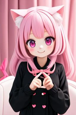 (masterpiece), (best quality), (extremely detailed), (1girl), solo, (pretty cute girl), looking at viewer, slender, smile, pink eyes, pink hair, cat girl, (black animal ears:2), (black tail:2), peace sign, (white long sleeves), (pink buttons short dress:2), pink kawaii room, pinky, heart item, red ribbon, standing, pink curtain, upper body, indoors, hands, fluffy, extremely detailed wallpaper, (parfect detail features), 8k, UHD, <lora:128-256_v1:1>