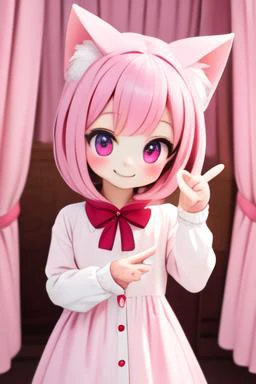 (masterpiece), (best quality), (extremely detailed), (1girl), solo, (pretty cute girl), looking at viewer, slender, smile, pink eyes, pink hair, cat girl, (black animal ears:2), (black tail:2), peace sign, (white long sleeves), (pink buttons short dress:2), pink kawaii room, pinky, heart item, red ribbon, standing, window, pink curtain, upper body, indoors, hands, fluffy, extremely detailed wallpaper, (parfect detail features), 8k, UHD, <lora:128-256_v1:1> angelic,