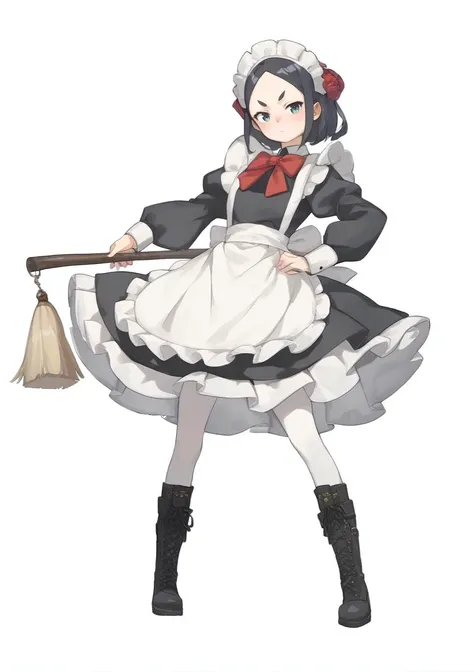 1girl apron black_eyes black_footwear black_hair boots broom eyebrows forehead full_body hand_on_own_hip juliet_sleeves long_sleeves looking_at_viewer maid maid_apron puffy_sleeves solo standing transparent_background   <lora:Chise AP:1>, score_9, score_8_up, score_7_up, score_6_up, score_5_up, score_4_up, BREAK source_anime, masterpiece