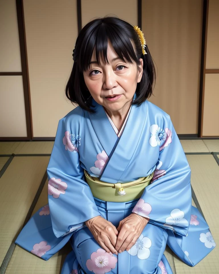 <lora:Furisode_v1:0.5>, detailed face 1woman, STGSN, SNTP, okami, hotel, tatami, fusuma, furisode, 60 years old, wrinkled skin, nasolabial fold, hollow cheeks
