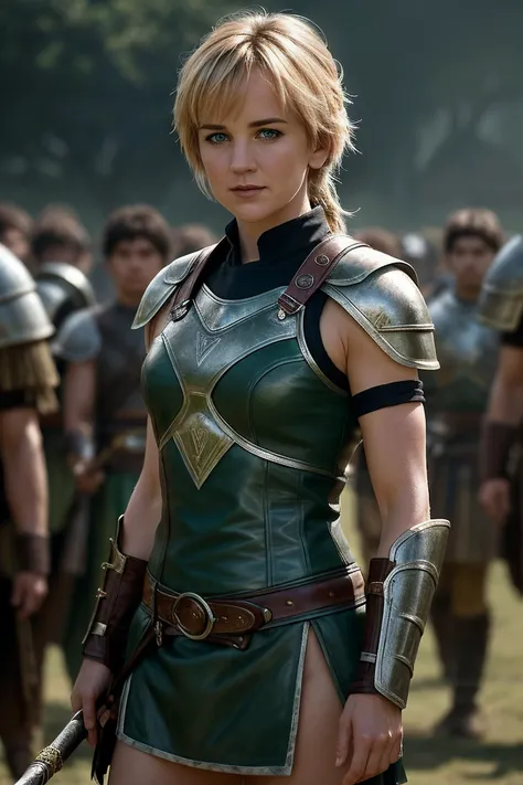 beautiful woman (JGren0c0nn0r:.99): a woman in ancient (Greece:1.1), perfect highponytail, wearing sexy green (boiled leather armor), (crowd of people in background:1.1), (face focus), modelshoot style, (extremely detailed CG unity 8k wallpaper), professional majestic (photography by Aleksander OrÅowski:1.1), 24mm, exposure blend, hdr, extremely intricate, High (Detail:1.1), dramatic, soft cinematic light, (looking at viewer), (detailed pupils), 4k textures, soft cinematic light, elegant, ((((cinematic look)))), soothing tones, insane details, hyperdetailed, ("In Jernau we trust!":1.1)