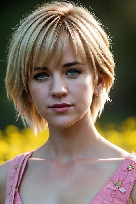photo of beautiful (young ren0c0nn0r-135:0.99), a woman with perfect hair, wearing Vibrant Pink (dress flower:1.1), (plain yellow background:1.1), modelshoot style, (closeup portrait), (extremely detailed CG unity 8k wallpaper), professional majestic photography, (Leica M6 Camera), 24mm, exposure blend, hdr, faded, extremely intricate, High (Detail:1.1), Sharp focus, dramatic, soft cinematic light, (looking at viewer), (detailed pupils), 4k textures, elegant, ((((cinematic look)))), soothing tones, insane details, hyperdetailed, low contrast