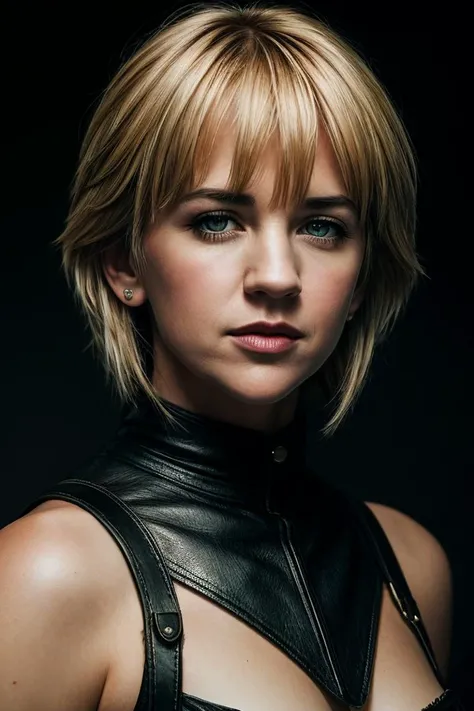 photo of beautiful (young ren0c0nn0r-135:0.99), a woman with perfect hair, wearing brown (medieval leather armor:1.1), (plain black background:1.1), modelshoot style, (closeup portrait), (extremely detailed CG unity 8k wallpaper), professional majestic photography, (Leica M6 Camera), 24mm, exposure blend, hdr, faded, extremely intricate, High (Detail:1.1), Sharp focus, dramatic, soft cinematic light, (looking at viewer), (detailed pupils), 4k textures, elegant, ((((cinematic look)))), soothing tones, insane details, hyperdetailed, low contrast