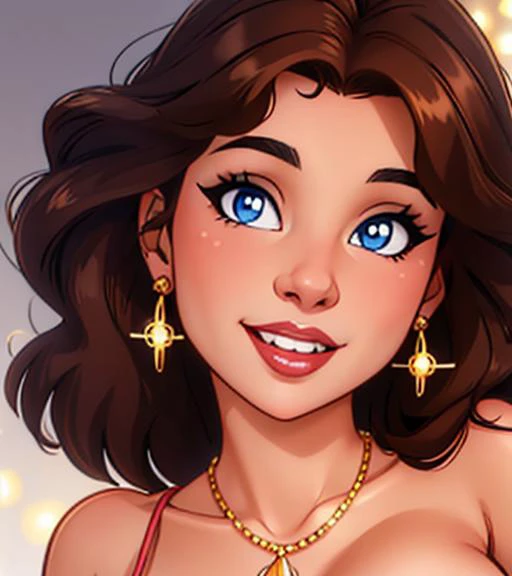patricia_farinelli, <lora:patricia_farinelli:0.9>, 1girl, close up portrait, beautiful face, perfect eyes, blue eyes, white pupils, looking at viewer, red lips, teeth, smile, necklace, stylish dark curly hair, simple background, masterpiece, bokeh, best quality, intricate, 18 year old