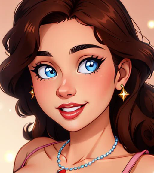 patricia_farinelli, <lora:patricia_farinelli:0.7>, 1girl, close up portrait, beautiful face, perfect eyes, blue eyes, white pupils, looking at viewer, red lips, teeth, smile, necklace, stylish dark curly hair, simple background, masterpiece, bokeh, best quality, intricate, 18 year old