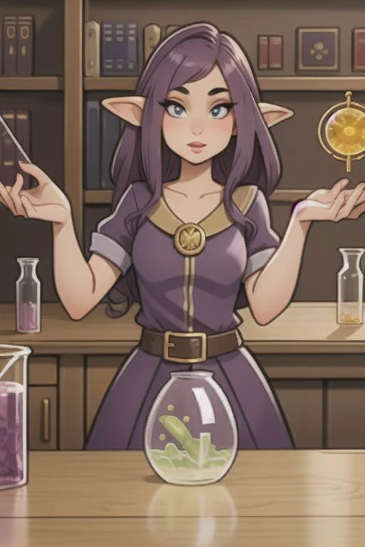 masterpiece, best quality ,1girl,Female, Elven, Alchemist, Making Potion, Steampunk, Lab, Science, Fantasy, lab background, bookshelves in the background, long purple hair