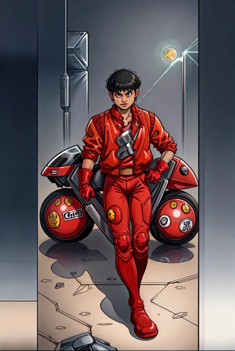 akirabike a man sitting on a red akirabike, 1man, kaneda shotaro, red jacket, red gloves, red pants, boots, looking_at_viewer, 1980s \(style\), energy gun