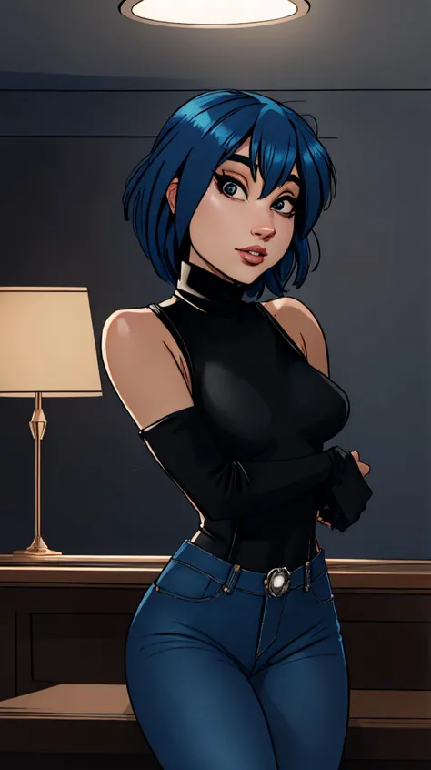 DEN_shameless_SG, looking at viewer, (black turtleneck, blue denim jeans), beautiful perfect body, highres, masterpiece, perfect lighting, bloom, cinematic lighting, kkw-ph1, <lora:LowRA:0.6>