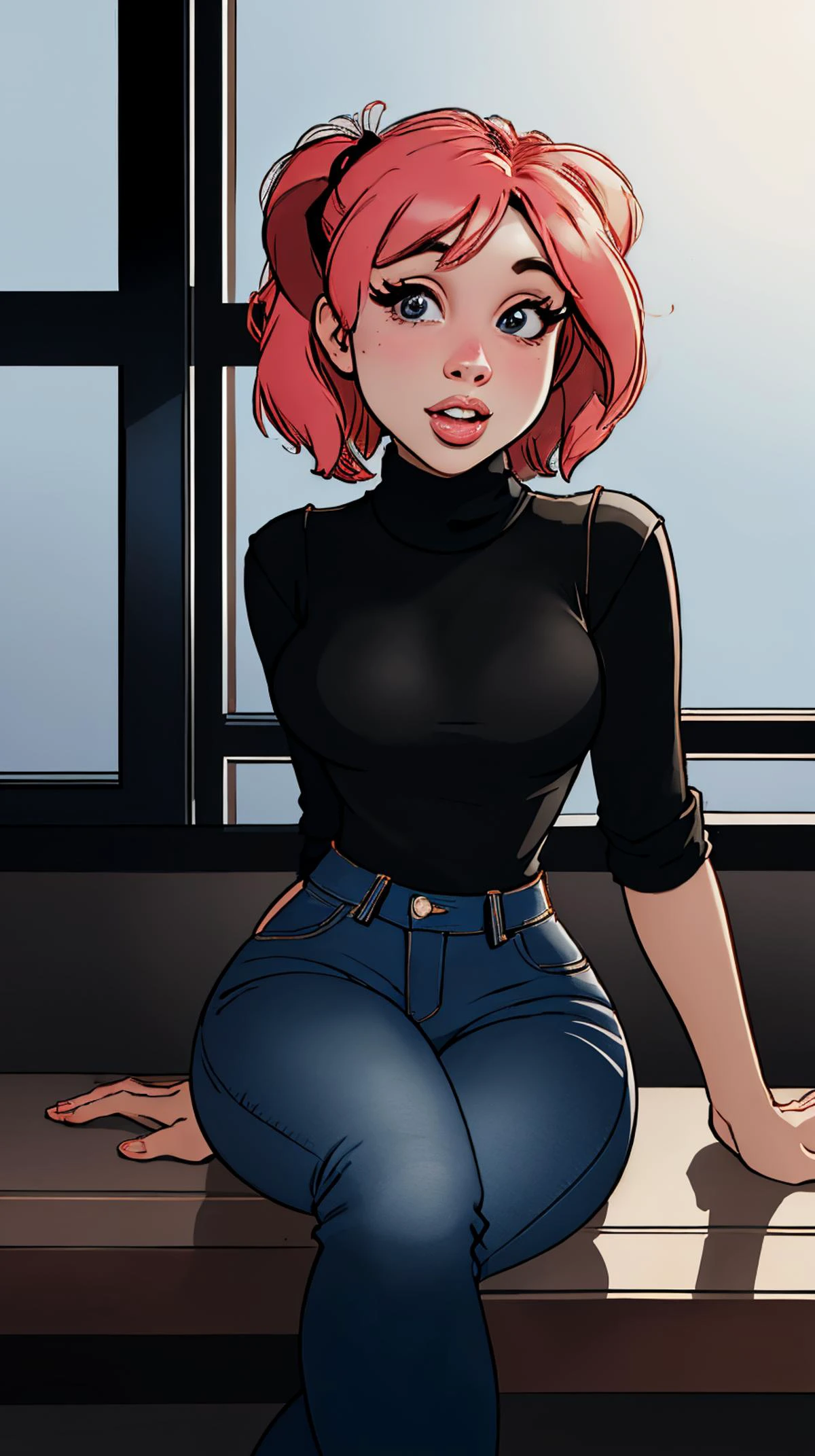 DEN_valy_SG, looking at viewer, (black turtleneck, blue denim jeans), beautiful perfect body, highres, masterpiece, perfect lighting, bloom, cinematic lighting, kkw-ph1, <lora:LowRA:0.6>