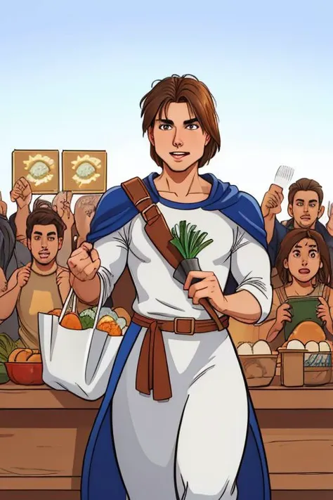 Tom Cruise, wearing medieval warrior outfit, white color, golden helmet, muscular male, shopping, (holding vegetable bag), kitchen knife, outdoor, applauding crowd, masterpiece, best quality