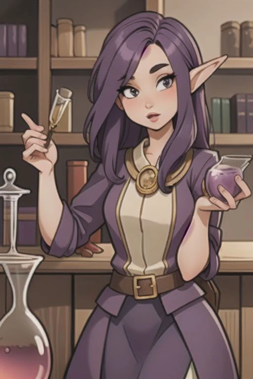 masterpiece, best quality ,1girl,Female, Elven, Alchemist, Making Potion, Steampunk, Lab, Science, Fantasy, lab background, bookshelves in the background, long purple hair