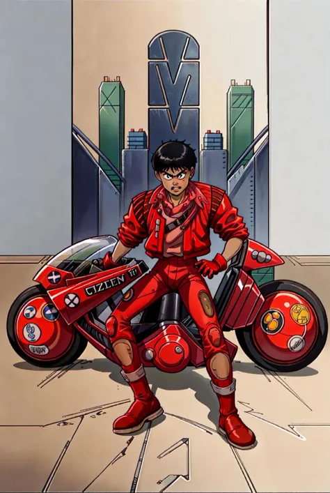 akirabike a man sitting on a red akirabike, 1man, kaneda shotaro, red jacket, red gloves, red pants, boots, looking_at_viewer, 1980s \(style\), energy gun, style akirafilm, a frame of a animated film of a city with a lot of tall buildings