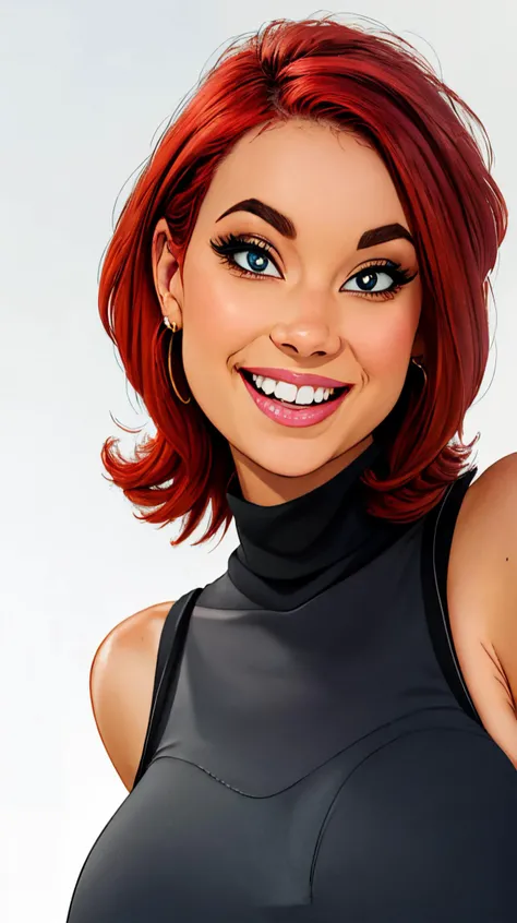 S1r1 as cartoon character, sfw, dressed, black top, turtleneck, smiling, red, short hair, curvy, upper body, intricate, sharp focus, soft lighting, vibrant colors, masterpiece, (frontal), detailed eyes, advertising studio lights, frontal led light ring, smooth shadows, bokeh background, Hyper Realistic Photography, Hyperdetail, UHD, Color Correction, HDR, color grading, hyper realistic (white background), <lora:S1r1:0.7>